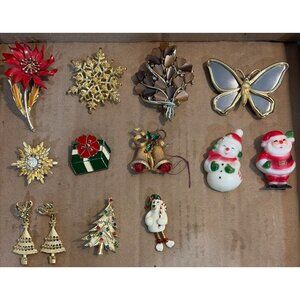 Lot Of 11 Vintage Holiday Pins & 1 Pair Gold-Plated Christmas Tree Earrings